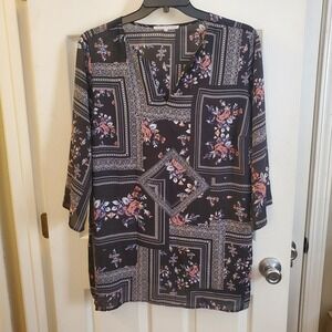 Violet + Claire Sz 2X Blk Floral V Neck 3/4 Slv Tunic Shirt Blouse artsy garden
